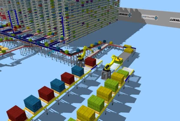 Colorful 3D model of conveyor system and industrial robots performing case sorting and packing operations on plant floor
